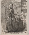 woodcut that shows a woman giving alms to a poor box in 19th century Denmark